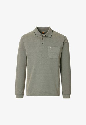 Grå poloshirt med lange ærmer, tre knapper, brystlomme og krave med mørk kantdetalje.