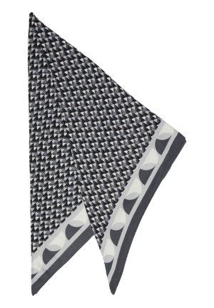 Écharpe triangulaire grise et noire présentant un motif géométrique, avec une bordure unie affichant un design circulaire dans des couleurs contrastées.