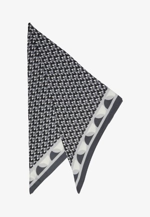 Grijze en zwarte driehoekige sjaal met een geometrisch patroon, voorzien van een effen rand met een circulair ontwerp in contrasterende kleuren.