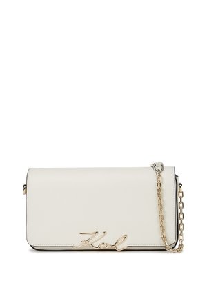 White rectangular leather clutch with gold chain strap and gold "Karl" logo on front flap.