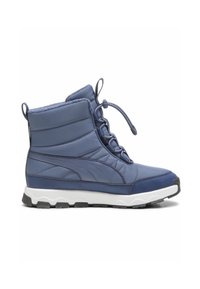 Botas de senderismo impermeables en color azul, con cuello acolchado, puntera con cordones, suela acolchada y superficie texturizada. Presentan una suela exterior de goma negra.