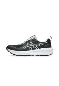 Black athletic shoe with a mesh upper, white midsole, light blue accents, and a textured outsole for enhanced grip.