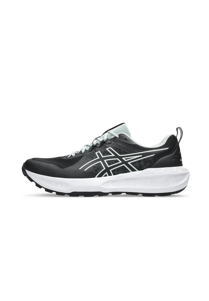 Black athletic shoe with a mesh upper, white midsole, light blue accents, and a textured outsole for enhanced grip.