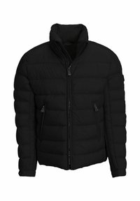 Doudoune noire avec un col haut, fermeture zippée et deux poches avant avec ouvertures angulaires. Extérieur texturé et matelassé.
