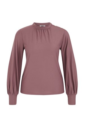 Roza dolgotrajna majica z visokim ovratnikom, nabranimi detajli in gumbi na ramenu. Mehka tkanina, sproščen kroj.