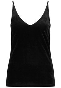 Camisola in velluto nero con scollatura a V, spalline sottili regolabili e una consistenza liscia. Design semplice senza ulteriori motivi o decorazioni.