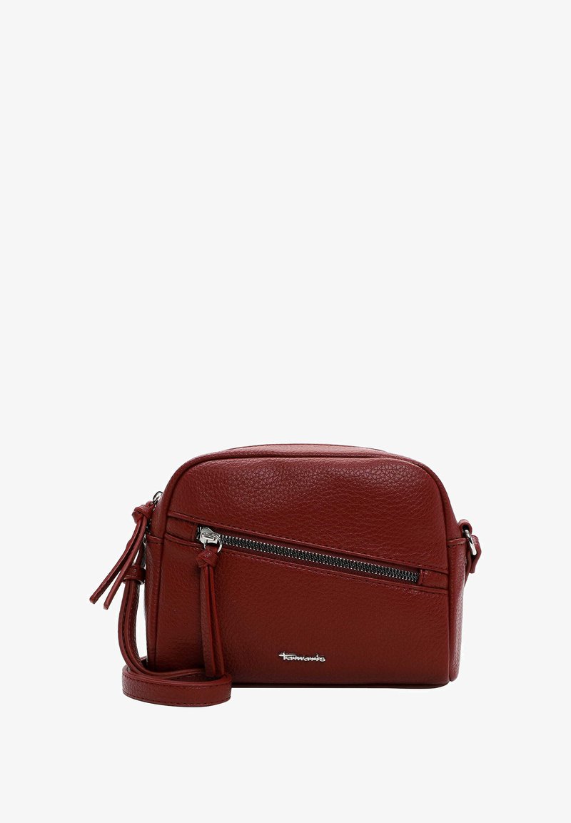 Rote Leder-Crossbody-Tasche mit strukturiertem Finish, rechteckiger Form, Frontreißverschlussfach und verstellbarem Trageriemen für einfachen Transport.
