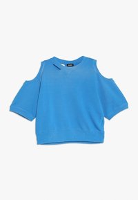 Felpa blu con maniche corte e dettagli a spalla scoperta; presenta un collo rotondo e un orlo a costine; materiale misto cotone.