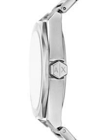 Orologio da polso in acciaio inossidabile con cassa ottagonale, lunetta liscia e pulsante esagonale con logo inciso. Finitura color argento.