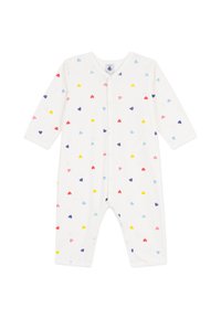 Λευκό βρεφικό φορμάκι με σχέδιο από μικρές καρδιές σε κόκκινο, ροζ, κίτρινο, μπλε και μοβ. Διαθέτει μακριά μανίκια και κλείσιμο με κουμπάκια πατιλέτα.