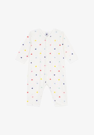 Biała śpioszek dla niemowląt z wzorem małych serduszek w kolorach czerwonym, różowym, żółtym, niebieskim i fioletowym. Posiada długie rękawy i zapięcia na zatrzaski.