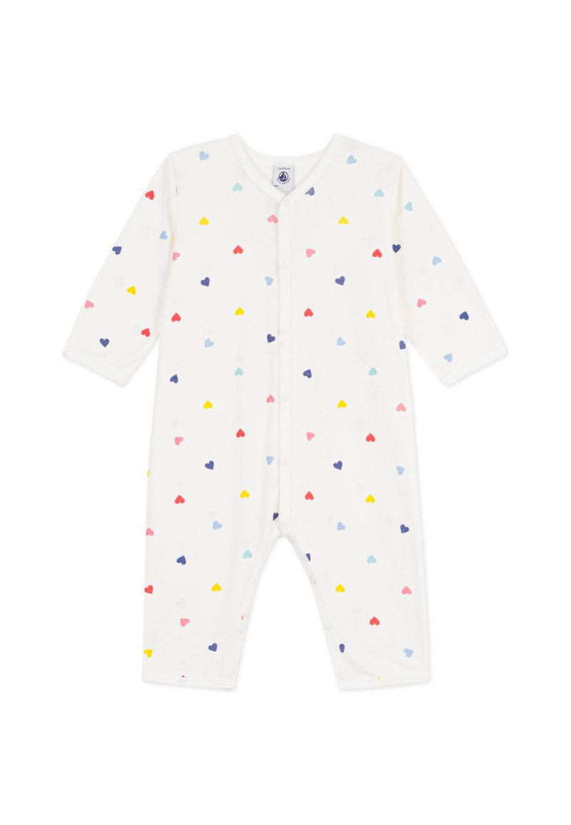 Λευκό βρεφικό φορμάκι με σχέδιο από μικρές καρδιές σε κόκκινο, ροζ, κίτρινο, μπλε και μοβ. Διαθέτει μακριά μανίκια και κλείσιμο με κουμπάκια πατιλέτα.