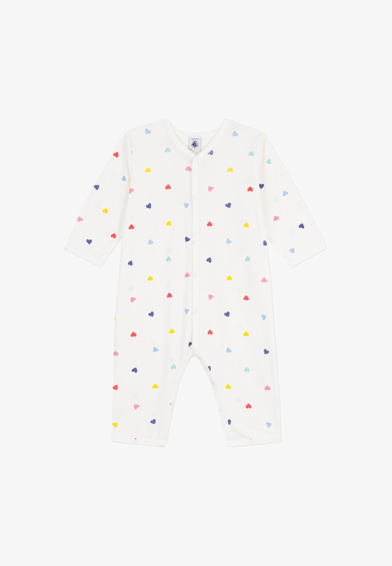 Λευκό βρεφικό φορμάκι με σχέδιο από μικρές καρδιές σε κόκκινο, ροζ, κίτρινο, μπλε και μοβ. Διαθέτει μακριά μανίκια και κλείσιμο με κουμπάκια πατιλέτα.