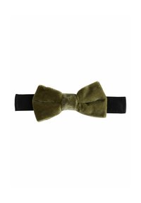 Velvet olive green bow tie with a black adjustable strap isolated on a white background.
