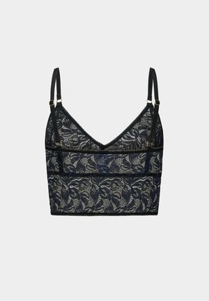 Schwarze Spitze-Bralette mit floralem Muster, verstellbaren Trägern, V-Ausschnitt, gewelltem Saum und geschichteter Gestaltung.