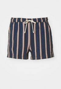 Marineblauwe zwemshorts met verticale roze strepen, elastische tailleband en trekkoord. Voorzien van zijzakken en een zachte textuur.