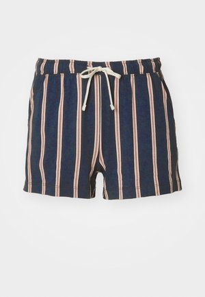 Navy blue swim shorts with vertical pink stripes, elastic waistband, and drawstring. Features side pockets and a soft texture.