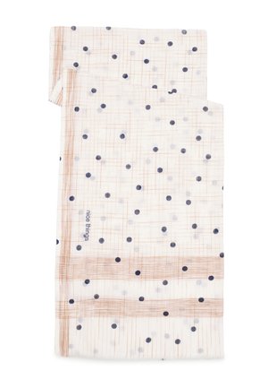 Jasnobeżowy szalik z rozproszonymi ciemnoniebieskimi grochami i cienkimi pomarańczowymi liniami w kratkę, starannie złożony, z widocznym napisem "nice things".