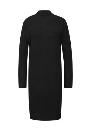 Abito nero a maglia con un collo alto a costine e maniche lunghe. Il design presenta una silhouette dritta e polsini a costine sui polsi.