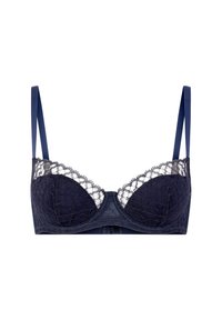 Soutien-gorge en dentelle bleu marine avec armatures, présentant des motifs floraux, des bretelles ajustables et une fermeture à crochets et œil dans le dos.