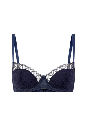 Soutien-gorge en dentelle bleu marine avec armatures, présentant des motifs floraux, des bretelles ajustables et une fermeture à crochets et œil dans le dos.