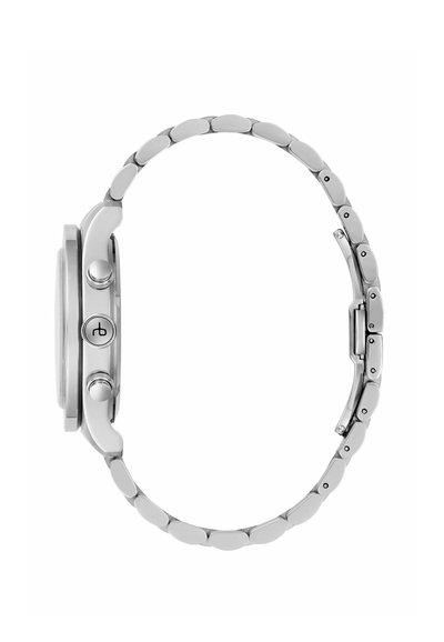 Hõbedane roostevabast terasest kell ümmarguse näo, sujuva äärise ja kahe külgnupuga. Rihm on ovaalsete silmadega ja kindla lukuga.