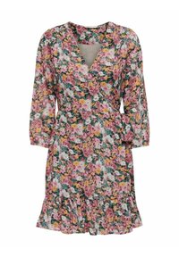 Blumenkleid mit Dreiviertelärmeln, V-Ausschnitt und rüschenbesäumtem Saum. Die dominierenden Farben sind Pink, Gelb, Grün und Weiß.