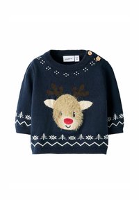 Granatowy sweter wykonany na drutach, z futrzastą twarzą renifera, posiadającą rogi, czerwony nos i białe wzory śnieżynek. Drewniane guziki akcentujące na ramieniu.