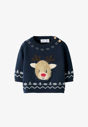 Maglione lavorato a maglia blu navy con un viso di renna soffice, corna, naso rosso e motivi di fiocchi di neve bianchi. Decorazioni con bottoni di legno sulla spalla.
