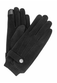 Czarne rękawice wykonane z miękkiego materiału, z prążkowanym mankietem, detalem w postaci guzika oraz gładkimi skórzanymi akcentami na końcach palców.