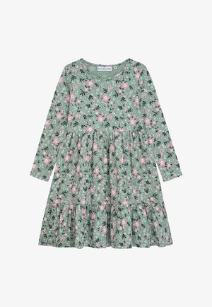 Grünes Blumenkleid mit langen Ärmeln, verziert mit rosa Blumen und schwarzen Blättern, mit gestuften Rüschenrock und rundem Ausschnitt. Hergestellt aus weichem Stoff.