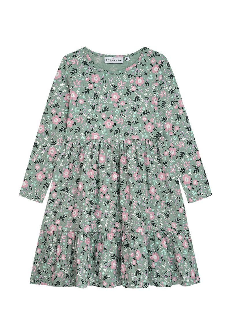 Grünes Blumenkleid mit langen Ärmeln, verziert mit rosa Blumen und schwarzen Blättern, mit gestuften Rüschenrock und rundem Ausschnitt. Hergestellt aus weichem Stoff.