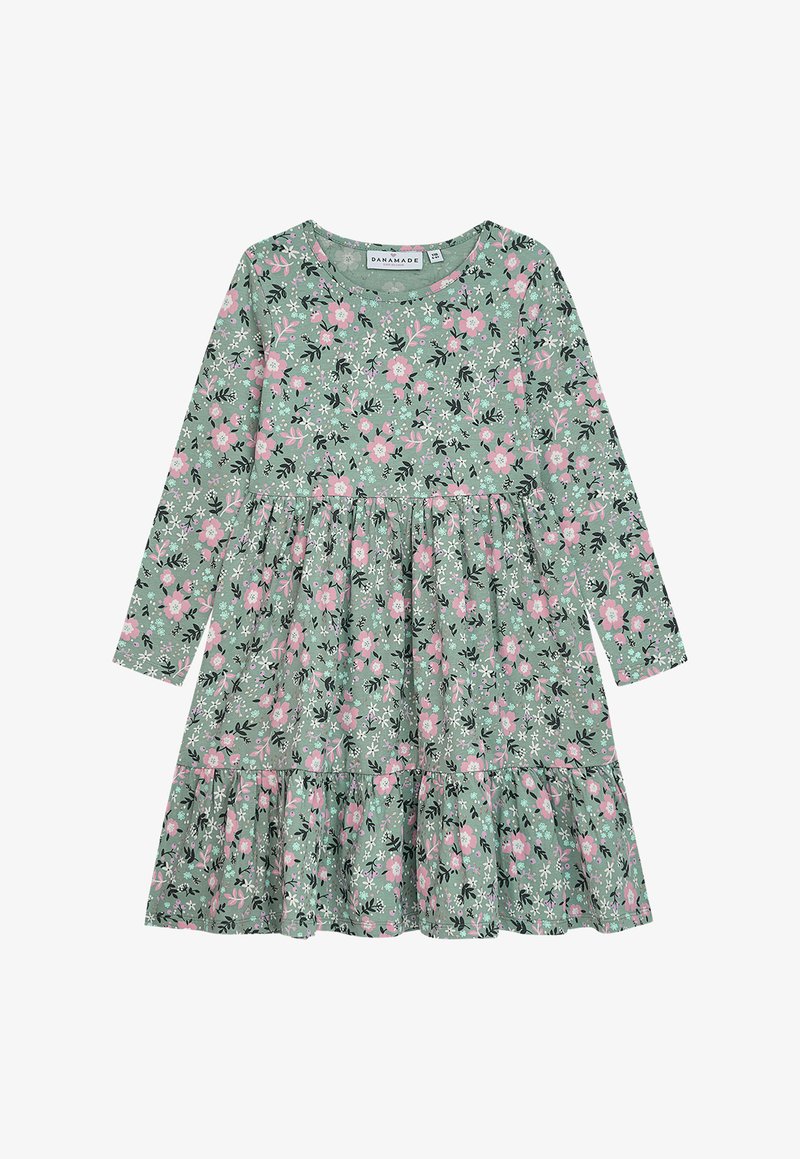 Grünes Blumenkleid mit langen Ärmeln, verziert mit rosa Blumen und schwarzen Blättern, mit gestuften Rüschenrock und rundem Ausschnitt. Hergestellt aus weichem Stoff.