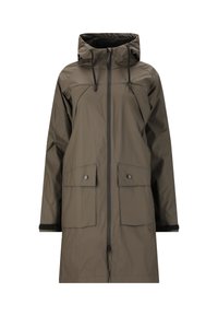 Vandafvisende khaki parka med hætte, frontlynlås og to store trykknaplommer. Har et enkelt design og elastiske cuffs.