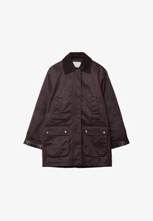 Dark brown mid-length jacket with corduroy collar, front flap pockets with buttons, and checked fabric lining visible at cuffs.