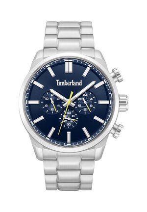 Orologio da polso Timberland in metallo argento con quadrante blu, tre quadranti secondari, indici delle ore argento e lancetta dei secondi e lancette dei quadranti secondari gialle.