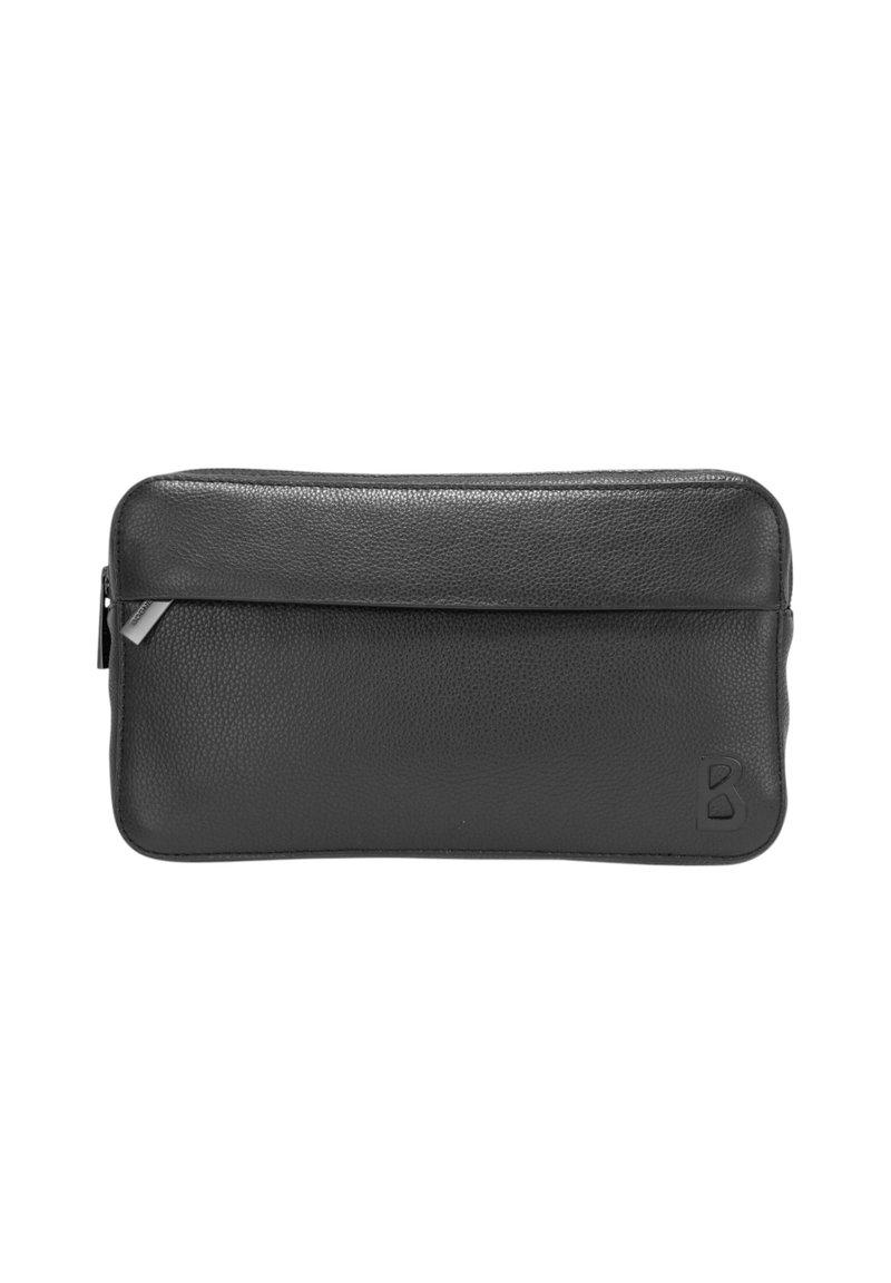 Borsa a sacchetto in pelle nera con superficie testurizzata, chiusura a zip, tasca frontale e logo "B" in rilievo nell'angolo in basso a destra.