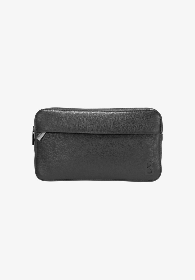 Zwarte leren etui met een getextureerd oppervlak, ritssluiting, voorvak en een reliëf 'B'-logo in de rechteronderhoek.