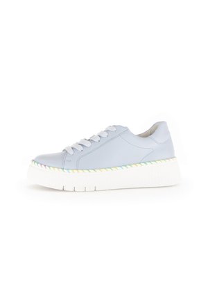 Light blue leather sneaker with white chunky sole and colorful braided accents around the edge. Features round toe and flat laces.