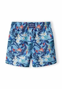 Pantaloni de baie albaștri cu un model tropical, prezentând papagali și flori. Făcuți dintr-un material ușor, cu o talie elastică.