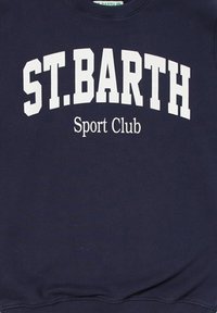 Felpa navy in cotone con testo bianco "ST. BARTH" e "Sport Club" in lettere grasse e arcuate sul petto.