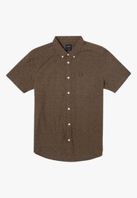 Korte mouwen overhemd met knopen in donkerbruine stof met een subtiel patroon, voorzien van een borstzak en witte knopen. Rechthoekige vorm.