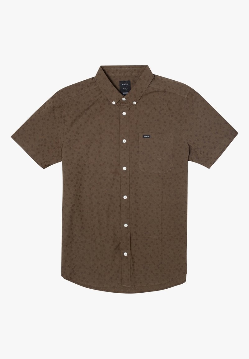 Korte mouwen overhemd met knopen in donkerbruine stof met een subtiel patroon, voorzien van een borstzak en witte knopen. Rechthoekige vorm.