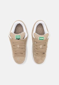 Baskets en suède beige avec surface texturée, semelle blanche et lacets épais. Étiquette de logo verte et blanche sur la languette. Design simple et classique.