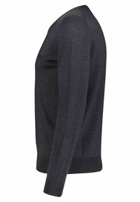 Mörkgrå stickad tröja med långa ärmar, rund hals, ribbade manschetter och fåll. Slät yta, enkel design, inga synliga mönster eller detaljer.