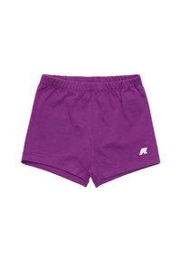 Pantaloni corti viola in cotone con una vita elasticizzata, caratterizzati da un piccolo logo bianco sul lato sinistro e orli cuciti.