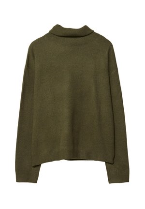 Pull-over en olive à manches longues avec col marin, poignets et ourlet côtelés, présenté à plat sur un fond blanc.