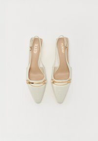 Vaaleanharmaat slingback-korkokengät, joissa on terävä kärki, teksturoitu krokotiilikuosi, kultaiset yksityiskohdat ja beige sisäpohja.