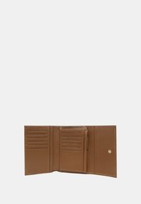 Brown leather wallet with textured surface, six card slots, a zippered compartment, and a snap button closure.