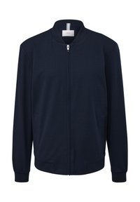 Granatowa kurtka zapinana na zamek z wysokim kołnierzem, długimi rękawami i dwiema bocznymi kieszeniami. Wykonana z gładkiego, elastycznego materiału z ściągaczem na dole i mankietach.